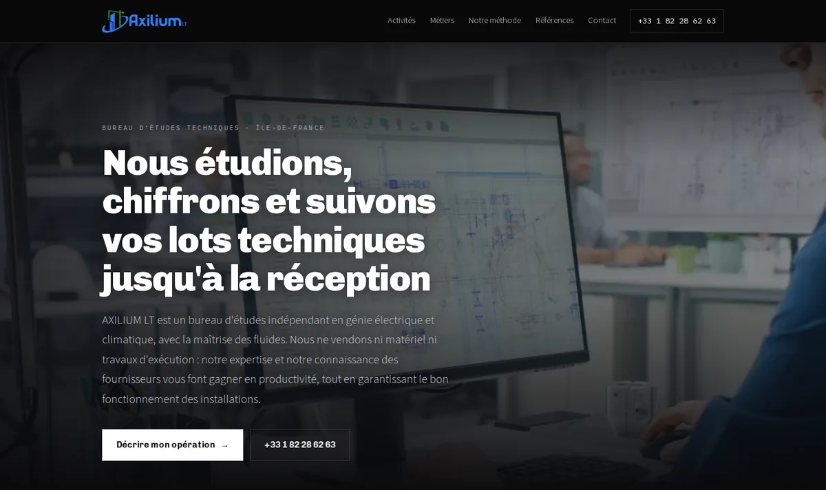 Page d'accueil du site Axilium LT, bureau d'études techniques en Île-de-France