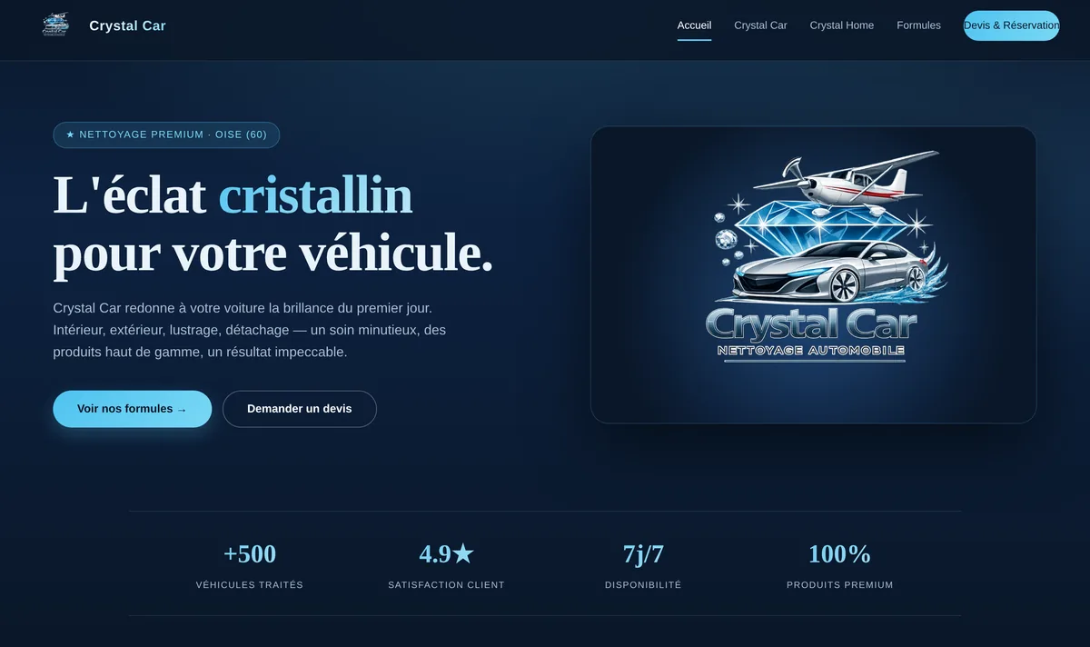 Page d'accueil du site Crystal Car, nettoyage automobile et detailing aéronautique