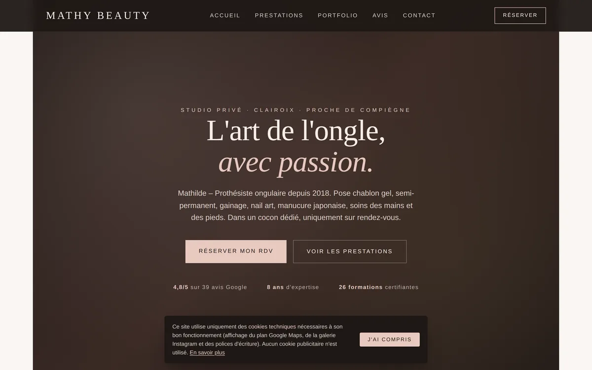 Page d'accueil du site Mathy Beauty, prothésiste ongulaire près de Compiègne
